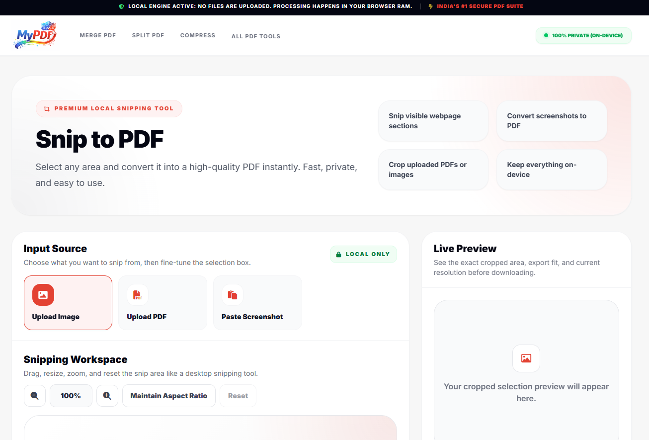 Overview of the Snip to PDF tool on MyPDF showing the user interface